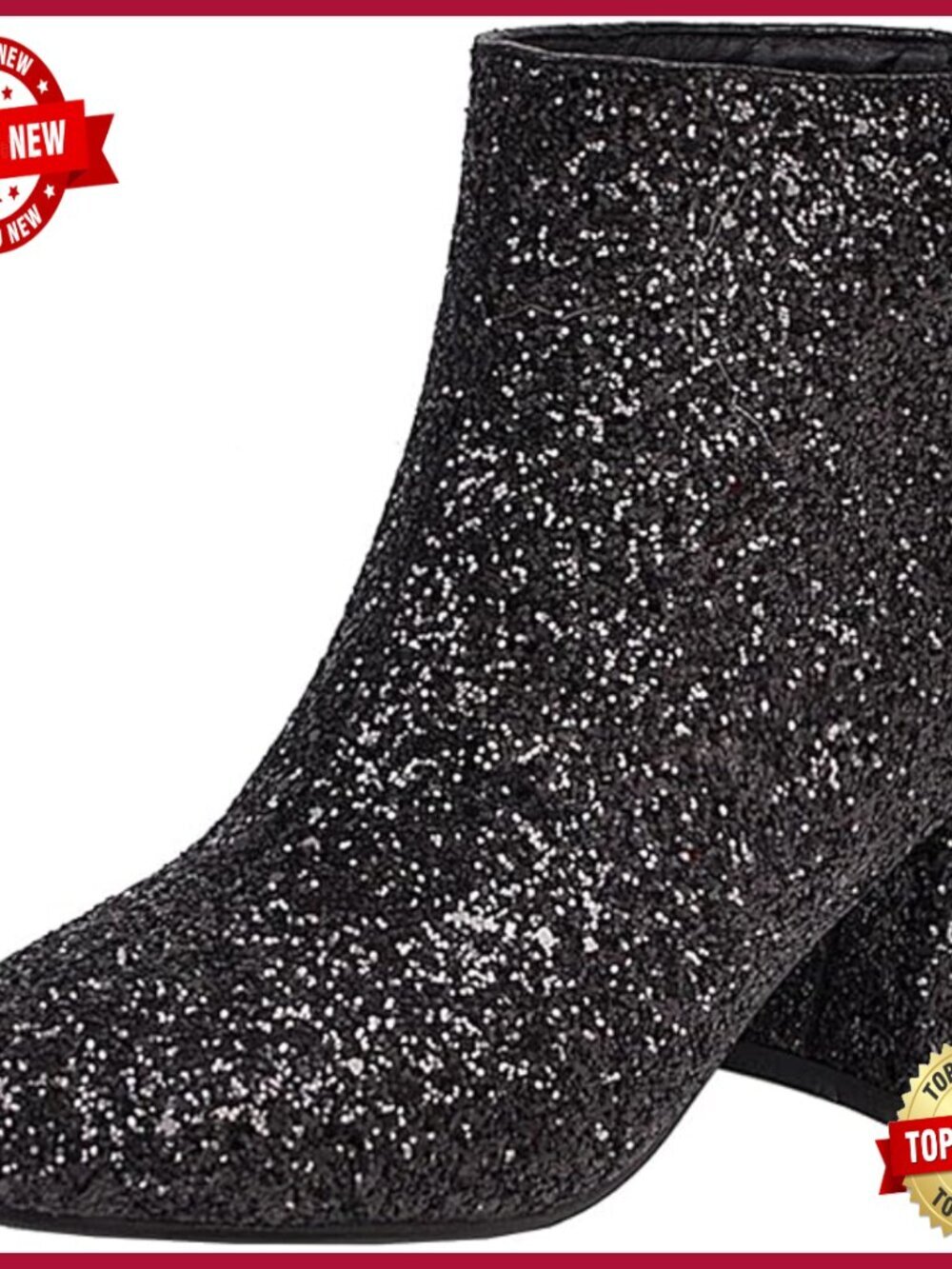 Glitter Sparkly Chunky Heel Ankle Booties Block Heel Back Zip Sequin Party Shoes